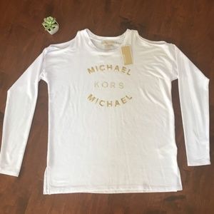 Michael Kors Cold Shoulder White cut out logo top